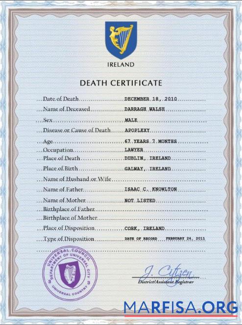 Downloadable Ireland vital record death certificate PSD template